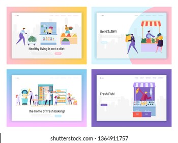 Set of Healthy Food Landing Page Templates. People Characters Produce and Sale in Store Various Ecological Organic Products as Vegetable, Fruits, Fish, Bakery, Concept Cartoon Flat Vector Illustration