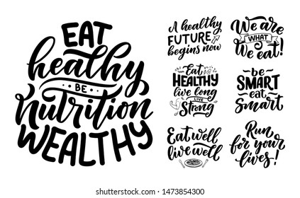 Set of Healthy food lettering for banner design. Organic nutrition eco product. Vector illustration