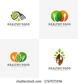 Set of Healthy Food Logo Design Template, Food with leaf logo design concept vector, Icon Symbol