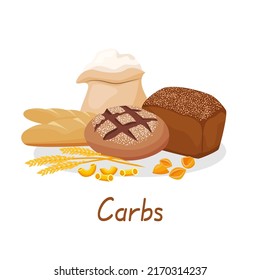 Set Of Healthy Food Macronutrients. Carbs Presented By Food Products. Loaf, Bread, Baguette, Pastries, Oatmeal, Pasta, Flour, Cereals.Vector Illustration Of Nutrition Categories.