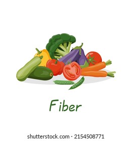 Set of healthy food macronutrients. Fiber or cellulose presented by food products. Tomatoes, peppers, zucchini, eggplant, broccoli, cabbage, carrots, peas. vector illustration of nutrition categories