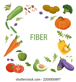 Set of healthy food macronutrients. Fiber or cellulose presented by food products. Tomatoes, peppers, zucchini, eggplant, broccoli, cabbage, carrots, peas. vector illustration of nutrition categories.