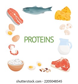 Set of healthy food macronutrients. Proteins presented by food products. Cottage cheese, meat, fish steak, shrimp, mushrooms, eggs. Vector illustration of nutrition categories. Balanced nutrition