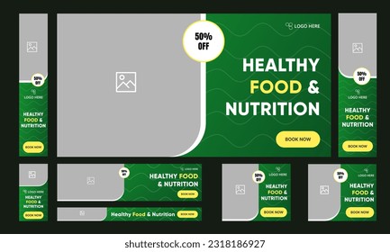 Set of healthy food and nutrition web banner template design for social media posts, food restaurant web bnanner, fully customizable vector eps 10 file format