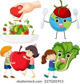 Set of healthy food and salad illustration