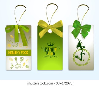 Set of healthy food tags with green silk ribbons