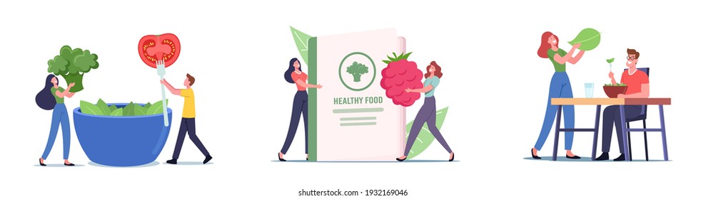 Establecer el tema de la comida saludable. Pequeños personajes femeninos en el enorme bol comen productos naturales frescos fortificados, dieta vegetariana, estilo de vida saludable, nutrición de vitamina orgánica. Ilustración de vectores de personas de caricatura