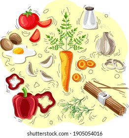 Set of healthy food and vagetables. Doodle illustrations of healthy food