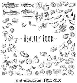 Set of healthy food. Vector cartoon illustrations. Isolated objects on a white background. Hand-drawn style.