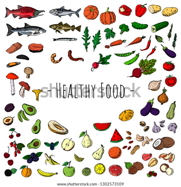Set Healthy Food Vector Cartoon Illustrations Stok Vektör (Telifsiz ...