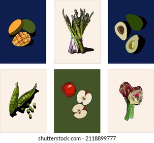 set of healthy food vector illustration, restaurant posters, kitchen posters, mango, avocado. apples, asparagus, green peas, artichokes vector illustration, hand drawn illustration