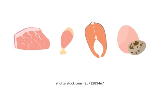 A Set of Healthy Food  Vector Items: Pork, Fish, Chicken, eggs