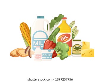 Set of healthy food vegetables and dairy products organic vegan food flat vector illustration on white background