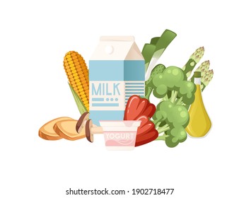 Set of healthy food vegetables and dairy products organic vegan food flat vector illustration on white background