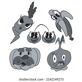 A set of healthy food of vegetables and fruits vintage toons: funny character, vector illustration trendy classic retro cartoon style 30s.