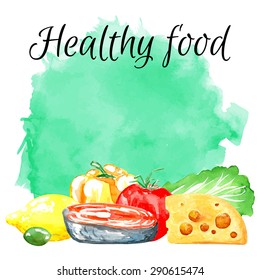 Set of healthy food. Watercolor background. Lemon, cheese, olives, pepper, tomato, fish, salad. Isolated elements for easy use.