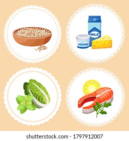 Set Of Healthy Foods While Breastfeeding. Wholesome Food For A Young Mom. Lean Red Meat, Low Fat Dairy Products, Leafy Green Salad, Legumes. Food Collection In White Circles On A Beige Background