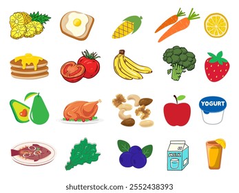 Set of healthy foods in white background, Healthy eating and lifestyle concept, Vector illustration, Fruits, vegetables, dairy products, dry fruits and meat.