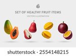 A Set of Healthy Fruit 3D Vector Items: Papaya, Wax Apple, Starfruit, Passion Fruit