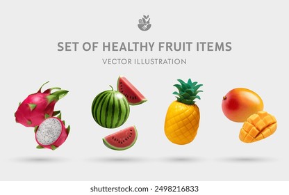 A Set of Healthy Fruit 3D Vector Items: Dragon Fruit, Watermelon, Pineapple, Mango