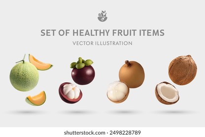 Un conjunto de artículos de Vector 3D de frutas saludables: melón, mangostán, Longkong, coco