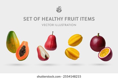 A Set of Healthy Fruit 3D Vector Items: Papaya, Wax Apple, Starfruit, Passion Fruit