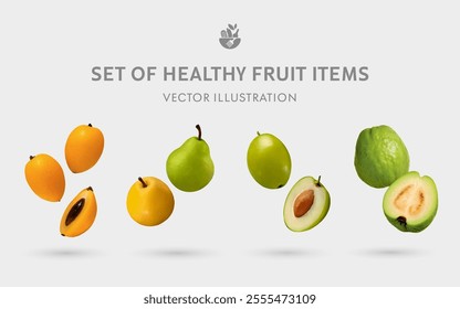 A Set of Healthy Fruit 3D Vector Items: Loquat, Pear, Jujube, Guava