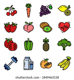 Set of healthy fruit filled outline icon vector design. Includes orange, pineapple, kiwi, carrot and more. 