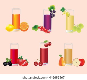 Set of healthy fruit  juices on colorful  isolated background. Fresh  fruit next to glasses illustration.