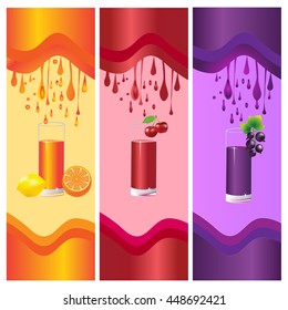 Set of healthy fruit  juices on colorful  isolated background. Fresh  fruit next to glasses illustration.