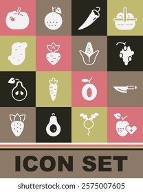 Set Healthy fruit, Knife, Grape, Hot chili pepper, Turnip, Potato, Pumpkin and Corn icon. Vector