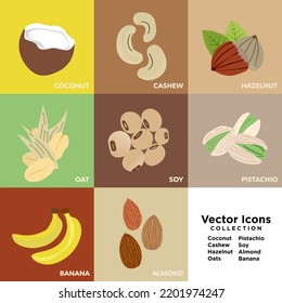 Set Of Healthy Fruit And Nuts Vector Icons Isolated On White Background. Coconut, Cashew, Hazelnut, Oats, Pistachio, Soy, Almond, Banana. Sources Of Healthy Dairy-free Milk Sources. EPS 10.