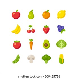 Set of healthy fruit and vegetable icons. Simple and clean flat vector style.