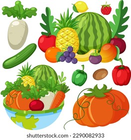 Set of healthy fruit and vegetable illustration