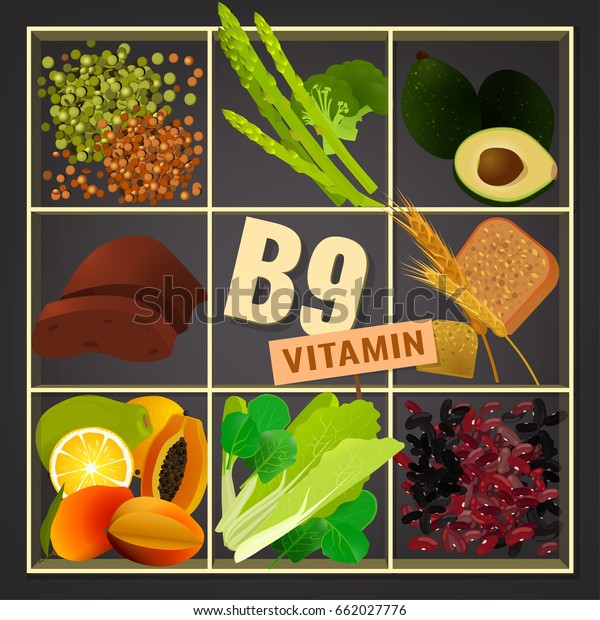 Set of healthy fruit, vegetables, beans,\
lentils and greens containing vitamin B9. Food sources graphic\
information. Source of folicin - seeds, vegetables, beans, lentils.\
Vector illustration.