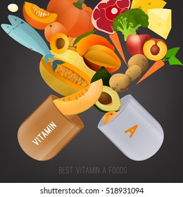 Set of healthy fruit, vegetables, meat, fish and dairy products containing vitamin A in the A letter shape. Food sources graphic information. Vector illustration in bright colors on a grey background.