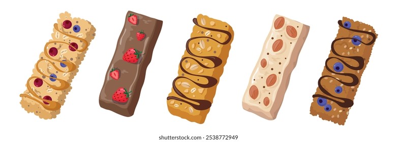 Conjunto de barras de granola saludable en estilo de dibujos animados. Ilustración vectorial de deliciosas barras de avena, arándano, arándano, fresa, almendra, cubierta de caramelo, chocolate aislado sobre un fondo blanco.