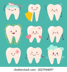 A Set Of Healthy And Happy Teeth. A Clean Milk Tooth Smiling. Baby Drawing. Vector Hand-drawn Isolated Illustration