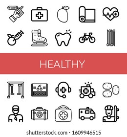 Set of healthy icons. Such as Diabetes, Gmo, First aid kit, Ice skating, Mango, Tooth, Yoga mat, Bicycle, Heartbeat, Onion, Gym equipment, Trainer, Cherry, Medical support , healthy icons