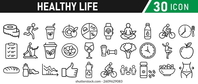 Set of healthy life icons, fitness, gym, workout, food
