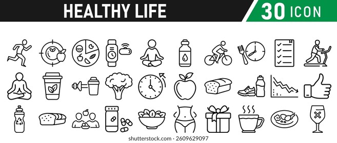 Set of healthy life icons, fitness, gym, workout, food