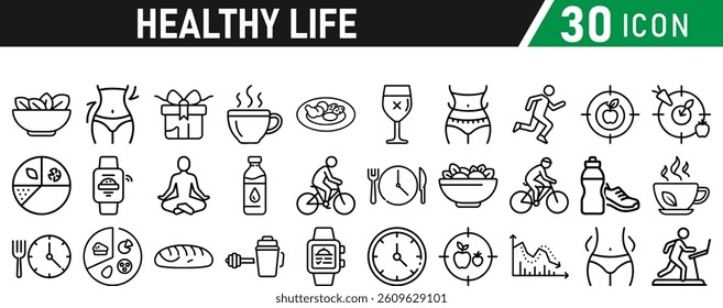 Set of healthy life icons, fitness, gym, workout, food