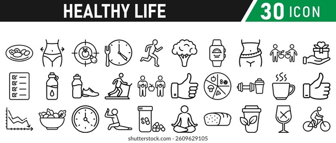 Set of healthy life icons, fitness, gym, workout, food