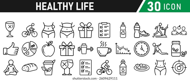 Set of healthy life icons, fitness, gym, workout, food