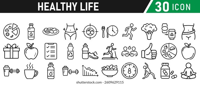 Set of healthy life icons, fitness, gym, workout, food
