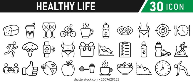 Set of healthy life icons, fitness, gym, workout, food