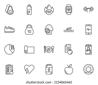 set of healthy life line icons, diet, gym, nutrition, fitness