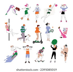Set of healthy lifestyle activities. Men and women doing sports and fitness, perform exercises, running, playing volleyball and skateboarding. Cartoon outline vector collection isolated on background