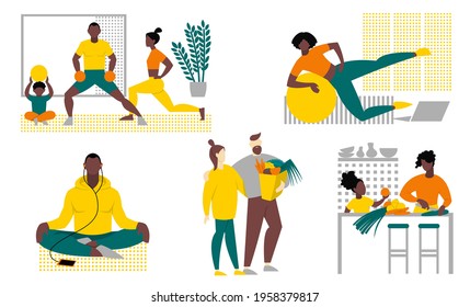 Set of healthy lifestyle. The family plays sports at home. A black woman is training online at home. A black man meditates. The couple bought healthy food. Mom and daughter cook vegetables. Vector.