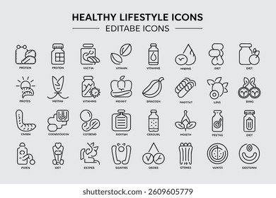 Set Of Healthy Lifestyle And Nutrition Icons In Minimalist Line Art Style
